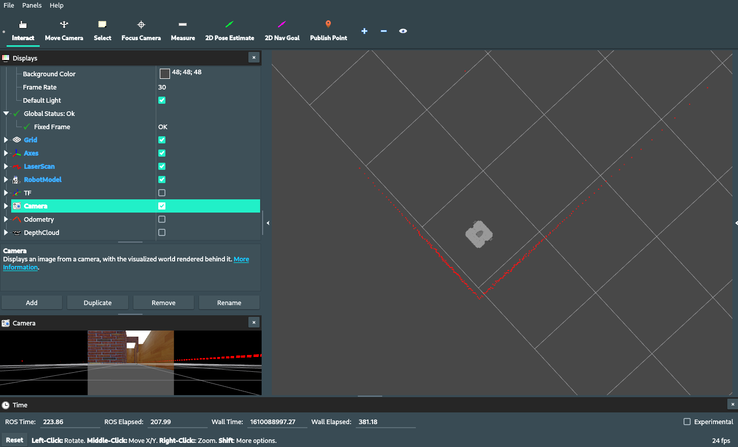 Screenshot of rviz interface for turtlebot3 waffle within house.