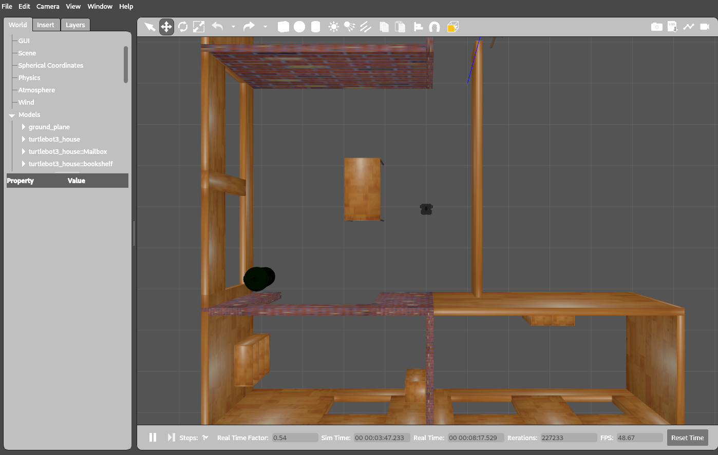 Screenshot of a turtlebot3 waffle within house. Includes gazebo interface.