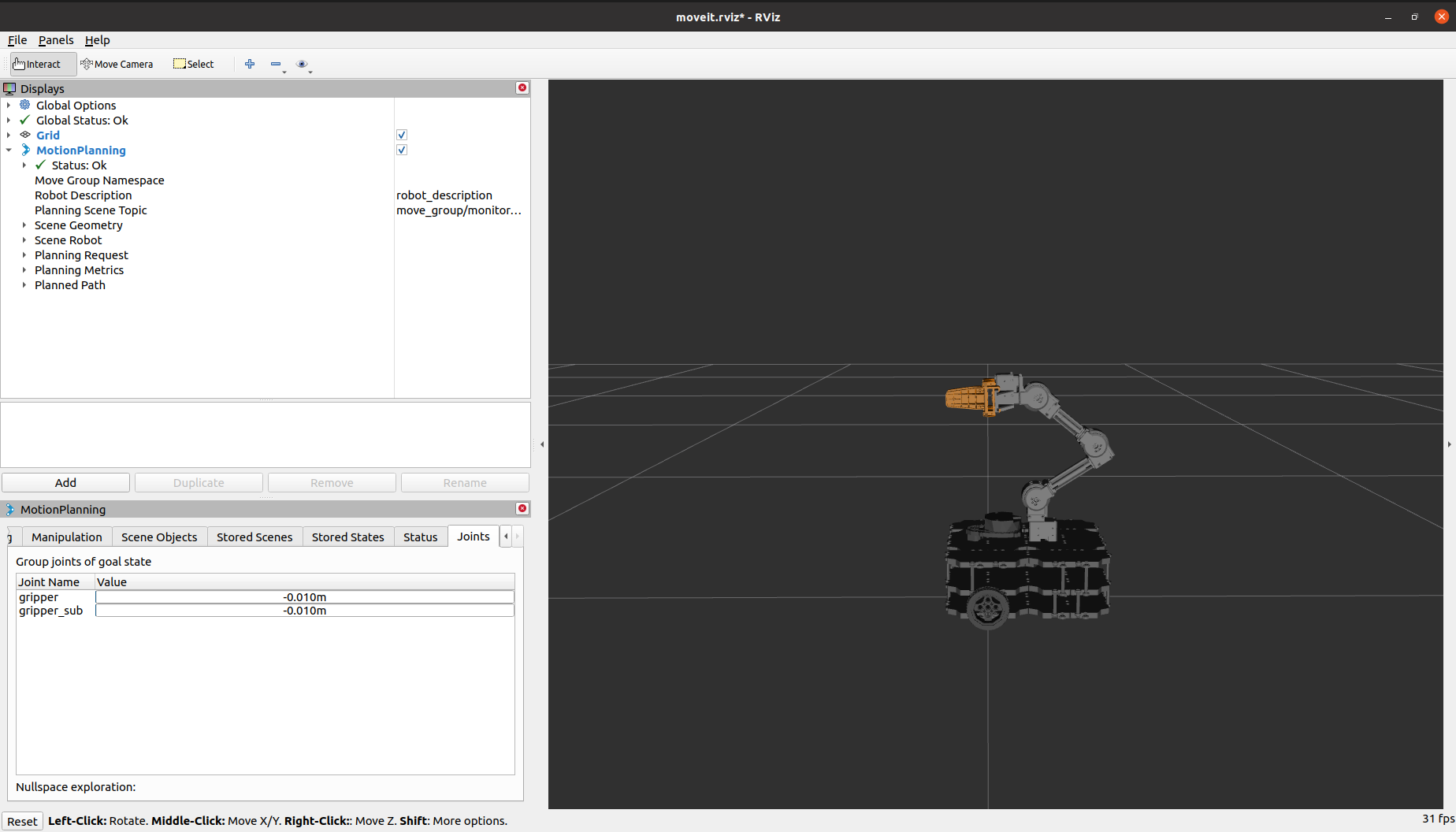 RViz with gripper highlighted.