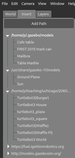 A list of insertable 3D objects into Gazebo.