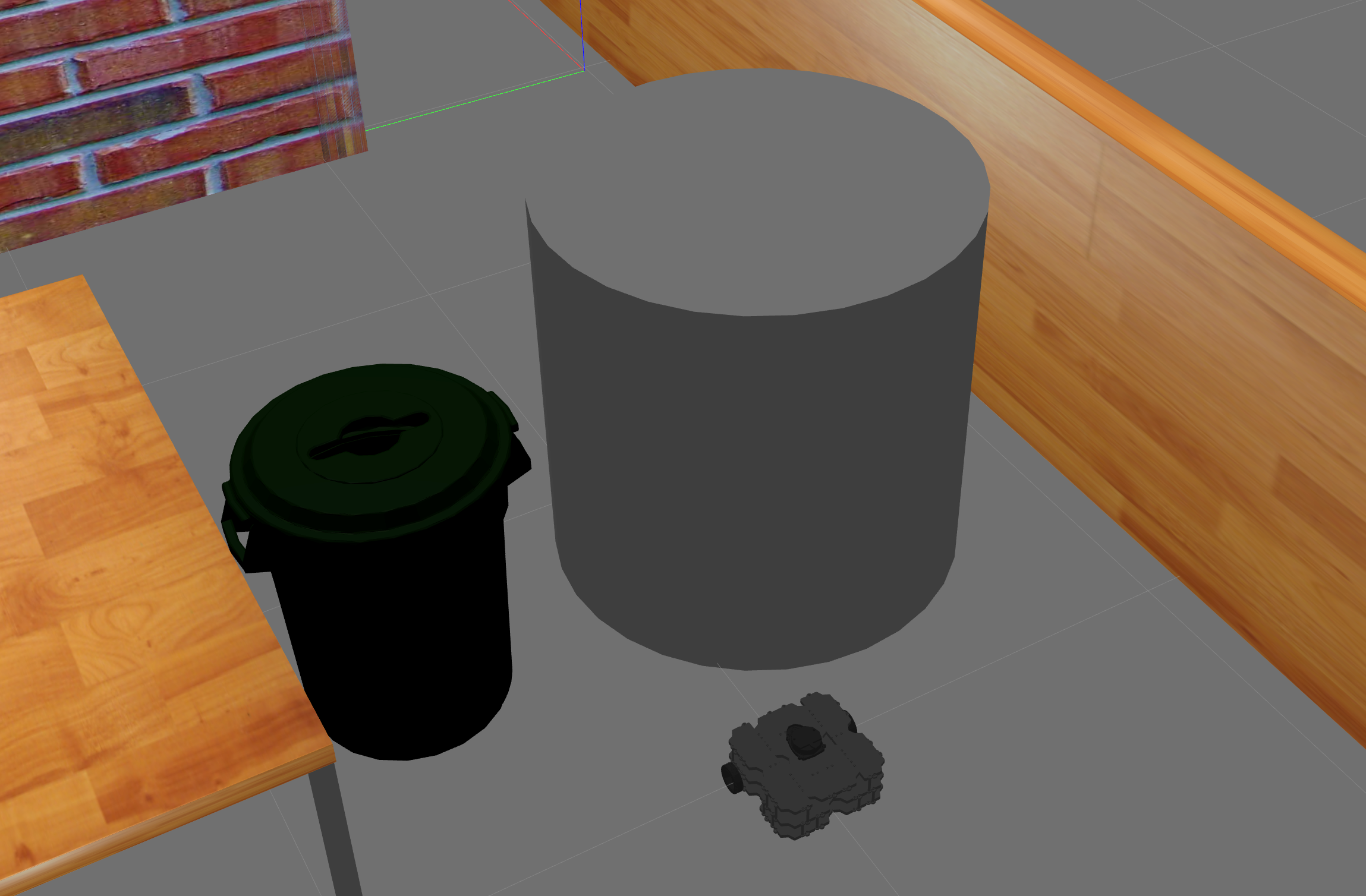 The house environment populated with a cylinder and a trashcan.