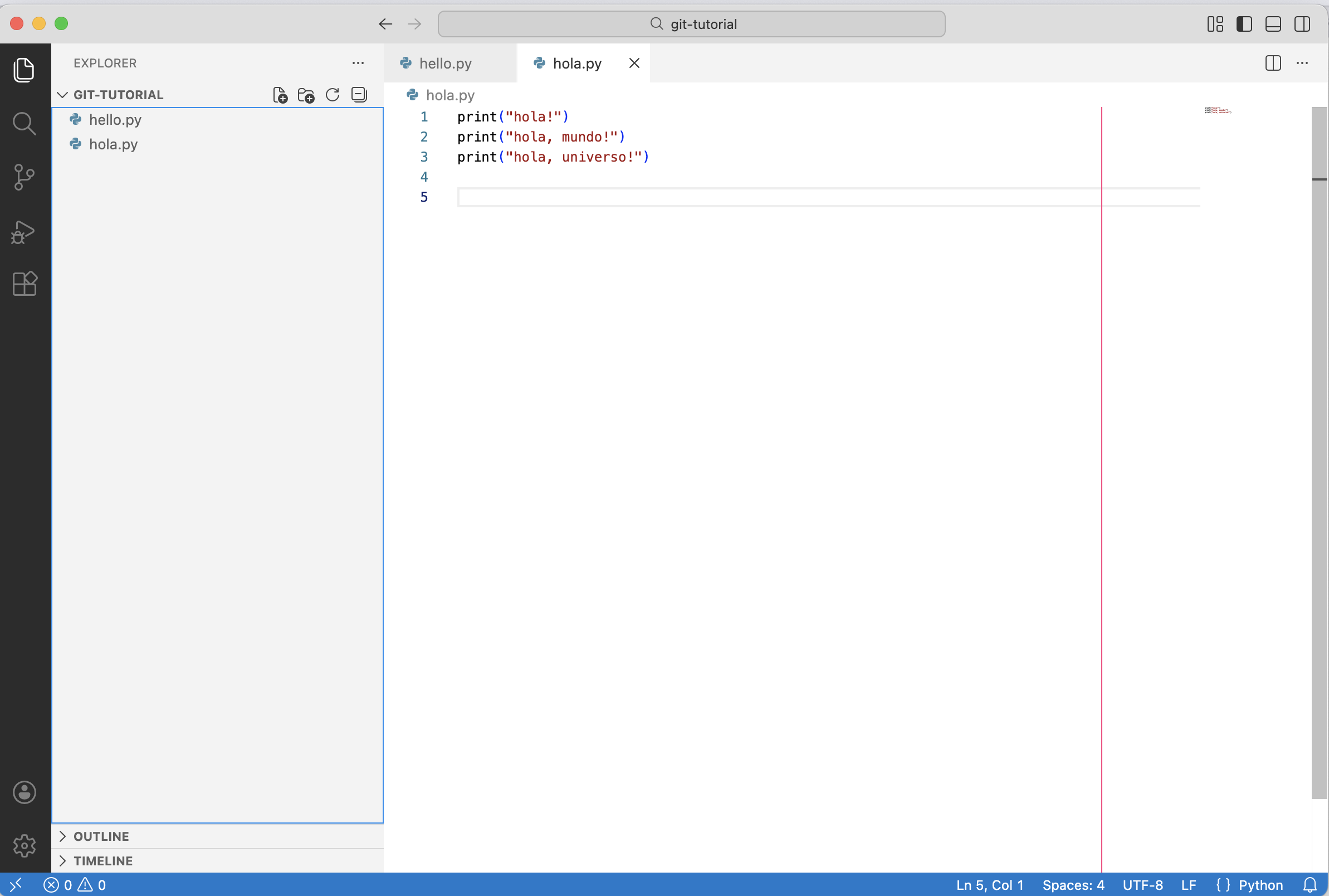 The editor open on the git-tutorial directory, with hello.py and hola.py in the file explorer and hola.py open in a tab.