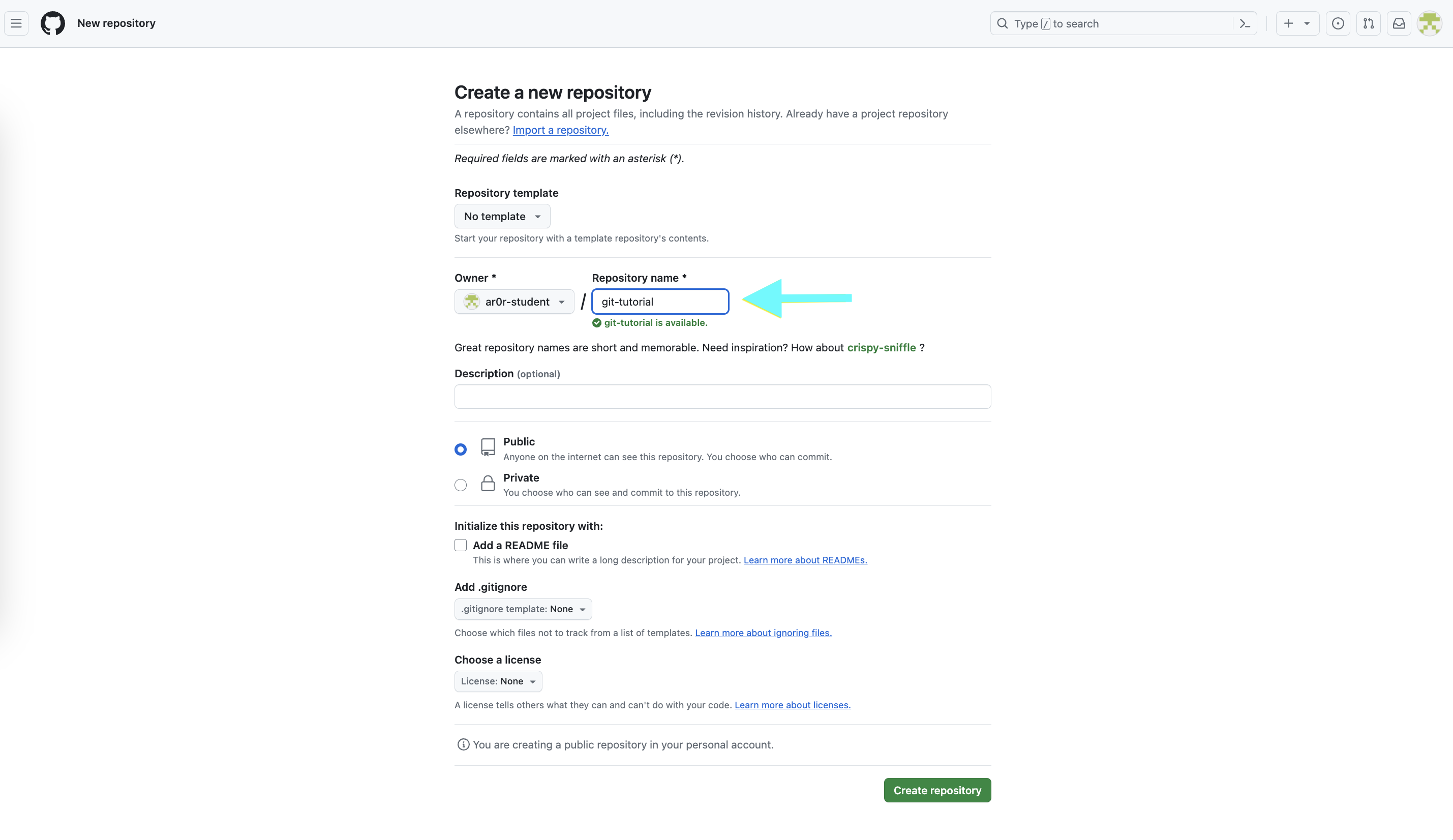 GitHub's 'Create a new repository' form with the Repository name field filled in as git-tutorial and a green Create repository button.