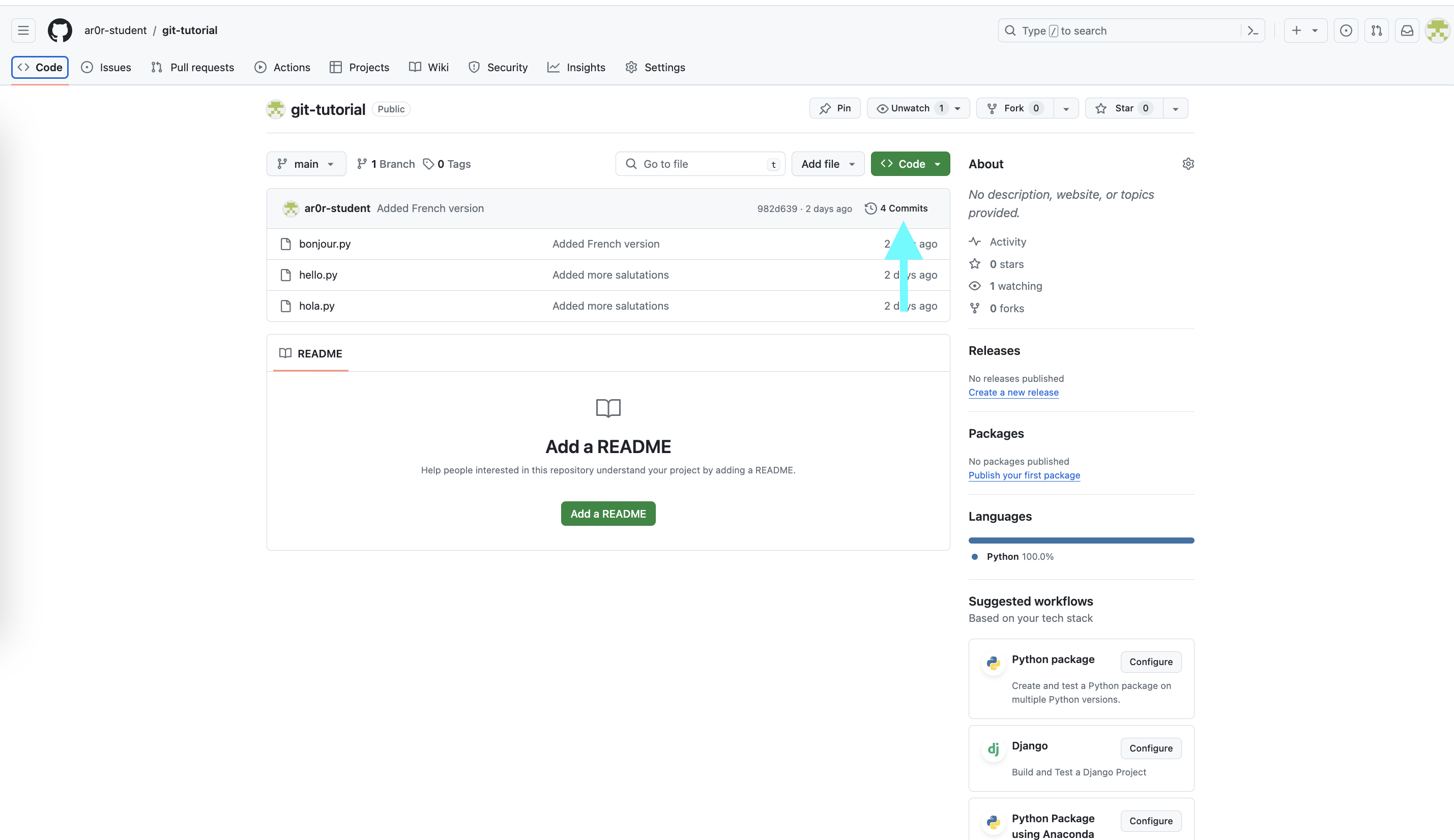 The git-tutorial repository on GitHub after pushing, listing hello.py and hola.py with their commit messages.