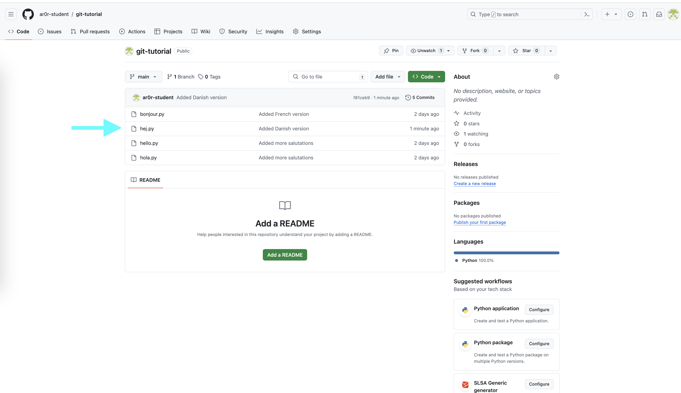 The GitHub repository now also lists hej.py with the commit message 'Added Danish version'.