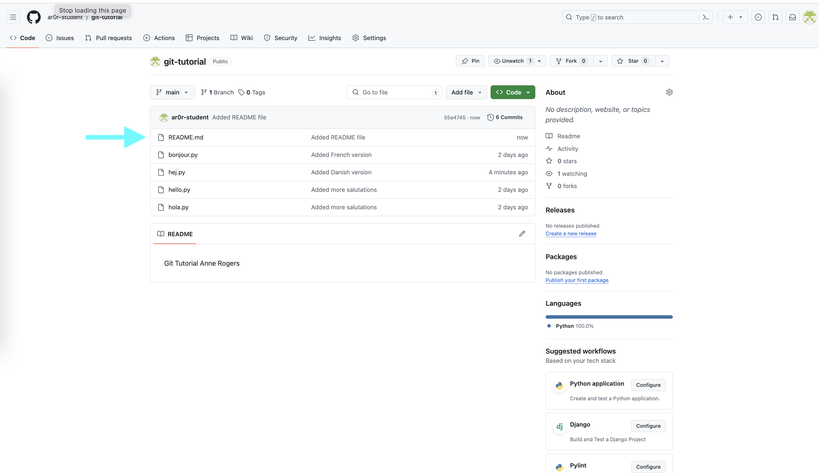 The GitHub repository with README.md added; GitHub renders its contents, 'Git Tutorial' and a name, below the file list.