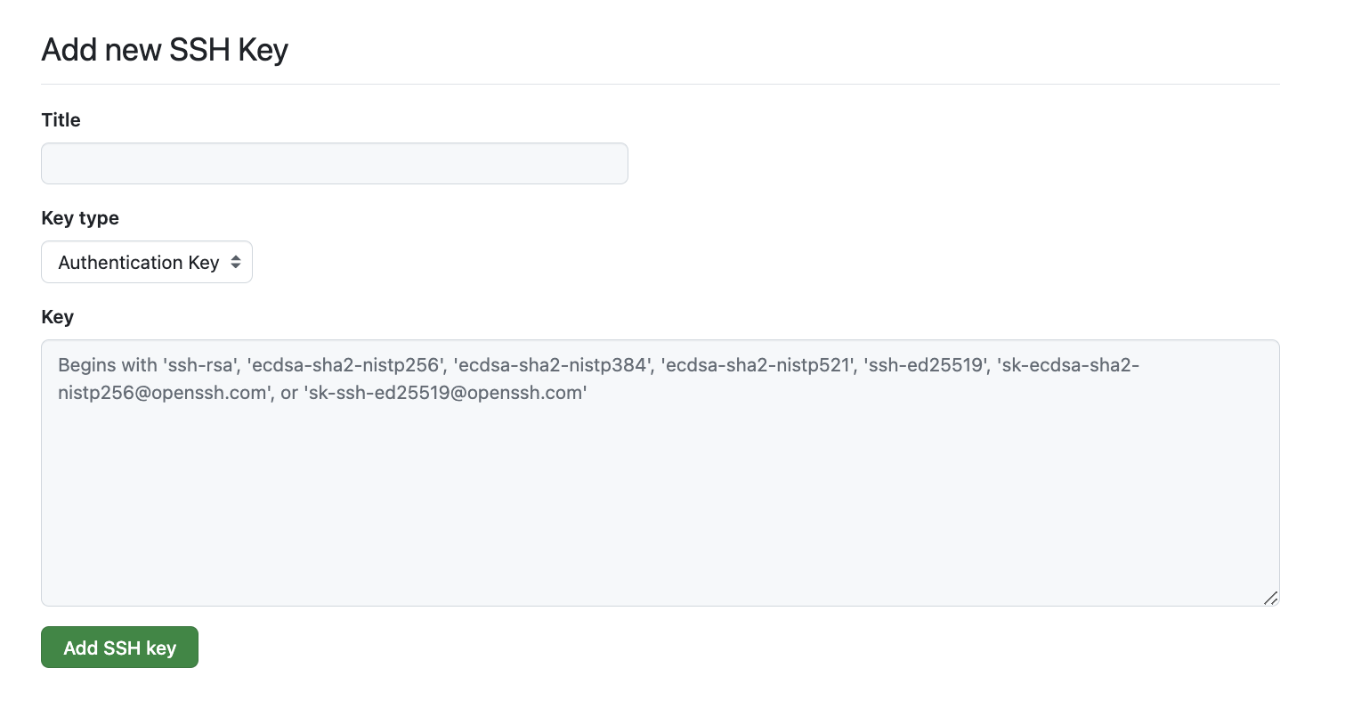 GitHub's 'Add new SSH Key' form with Title and Key fields, the Key type set to Authentication Key, and a green Add SSH key button.